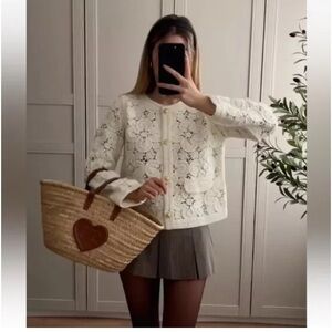 New House of Harlow 1960 Floral Lace Knit Crochet Ivory Cardigan Jacket Sweater